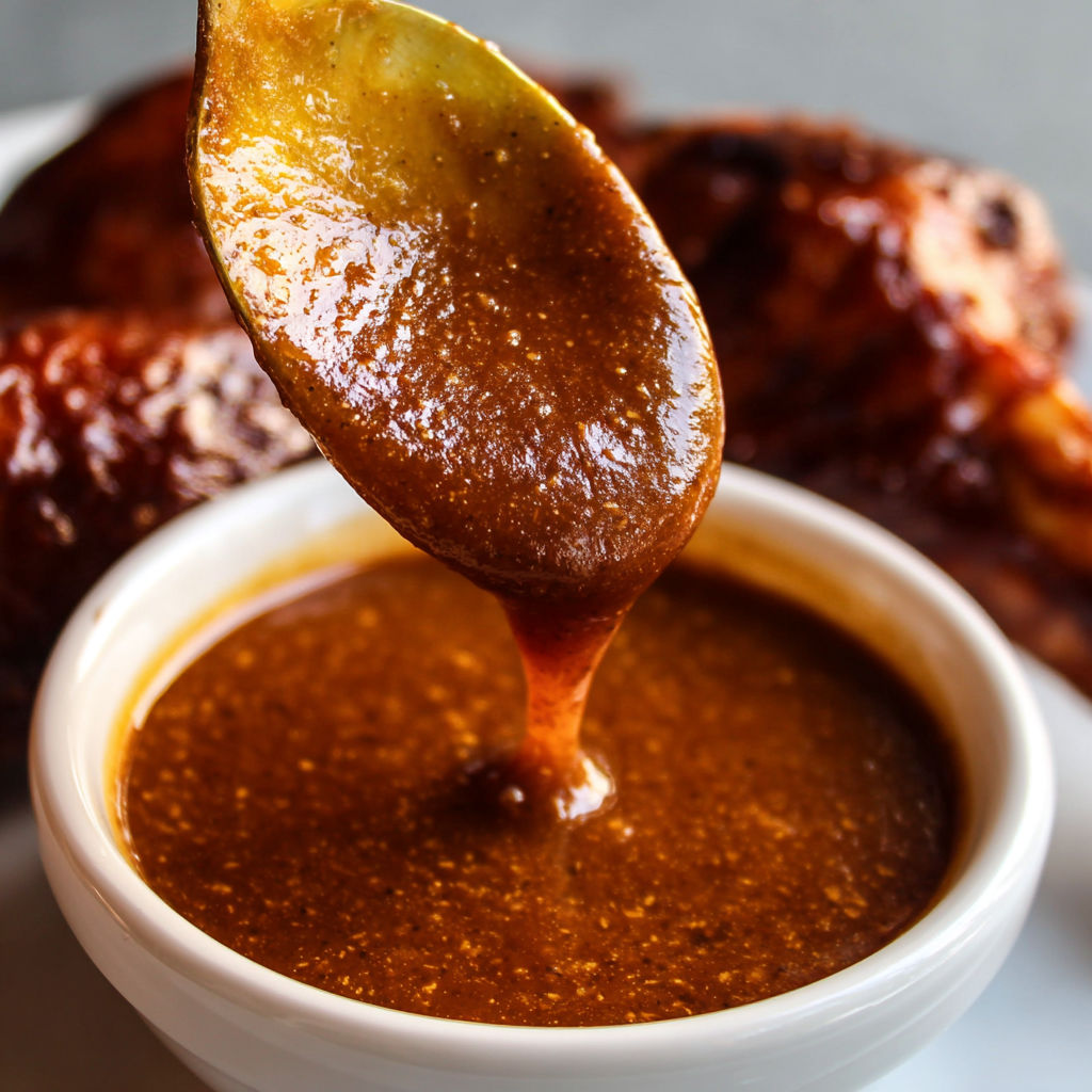 A spoon is dipping into a bowl of sauce.