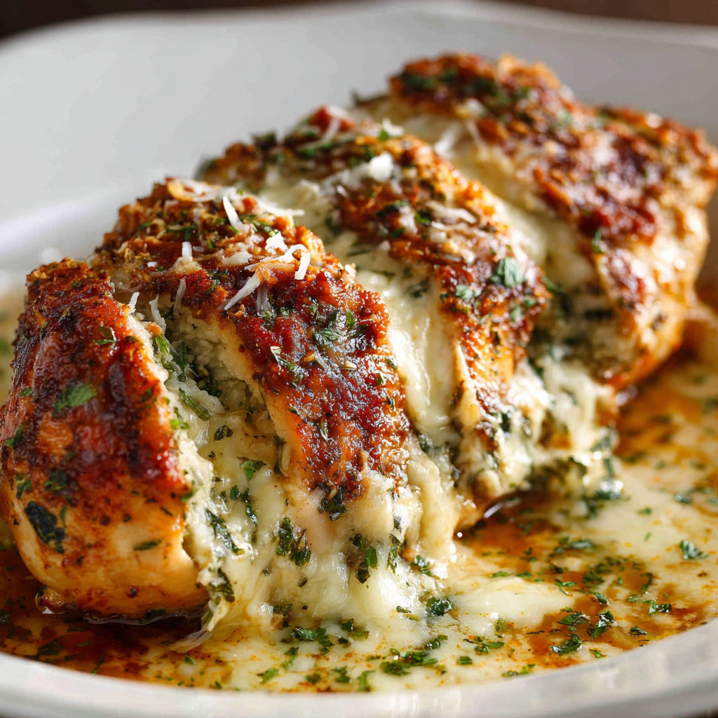 A plate of lasagna stuffed chicken.