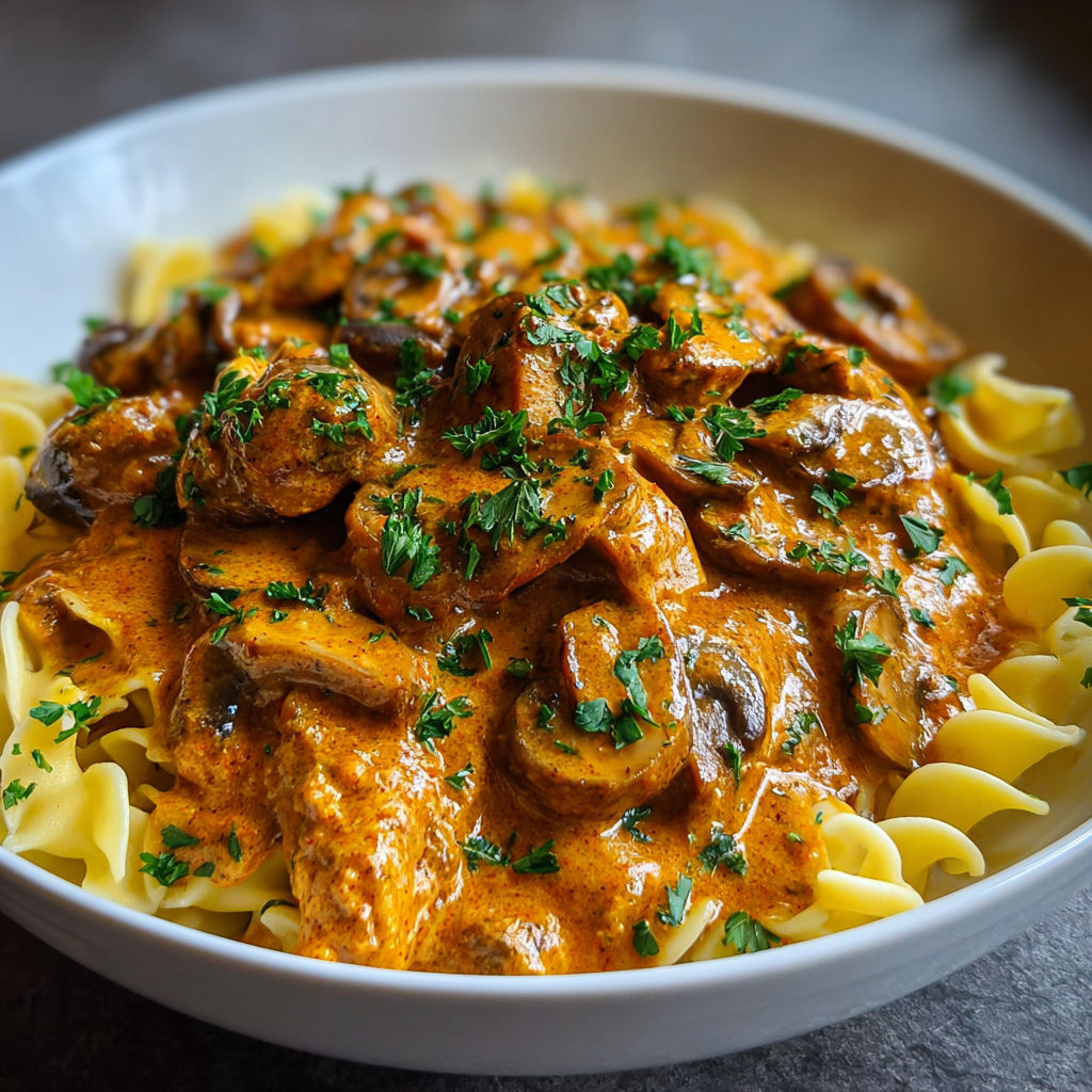 A bowl of Hungarian Mushroom Paprikash.