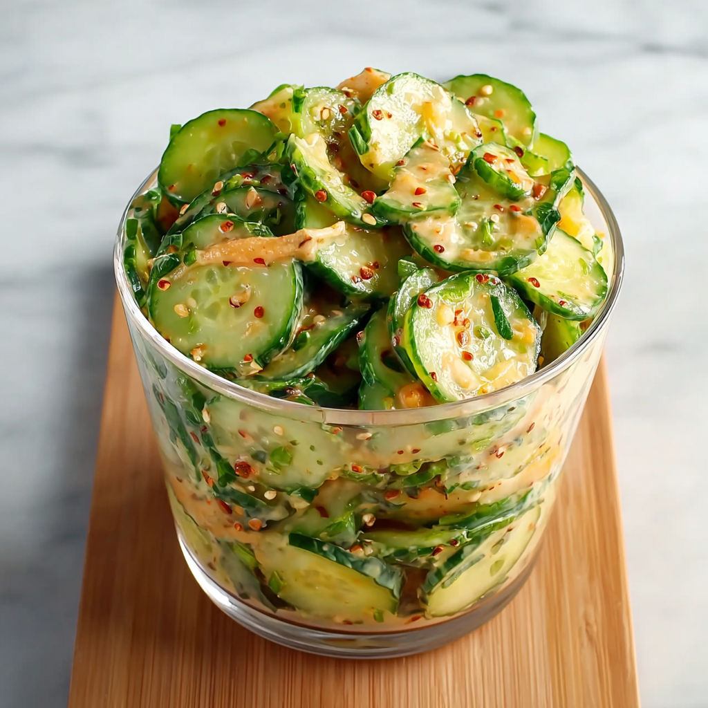 A glass bowl filled with sliced cucumbers.