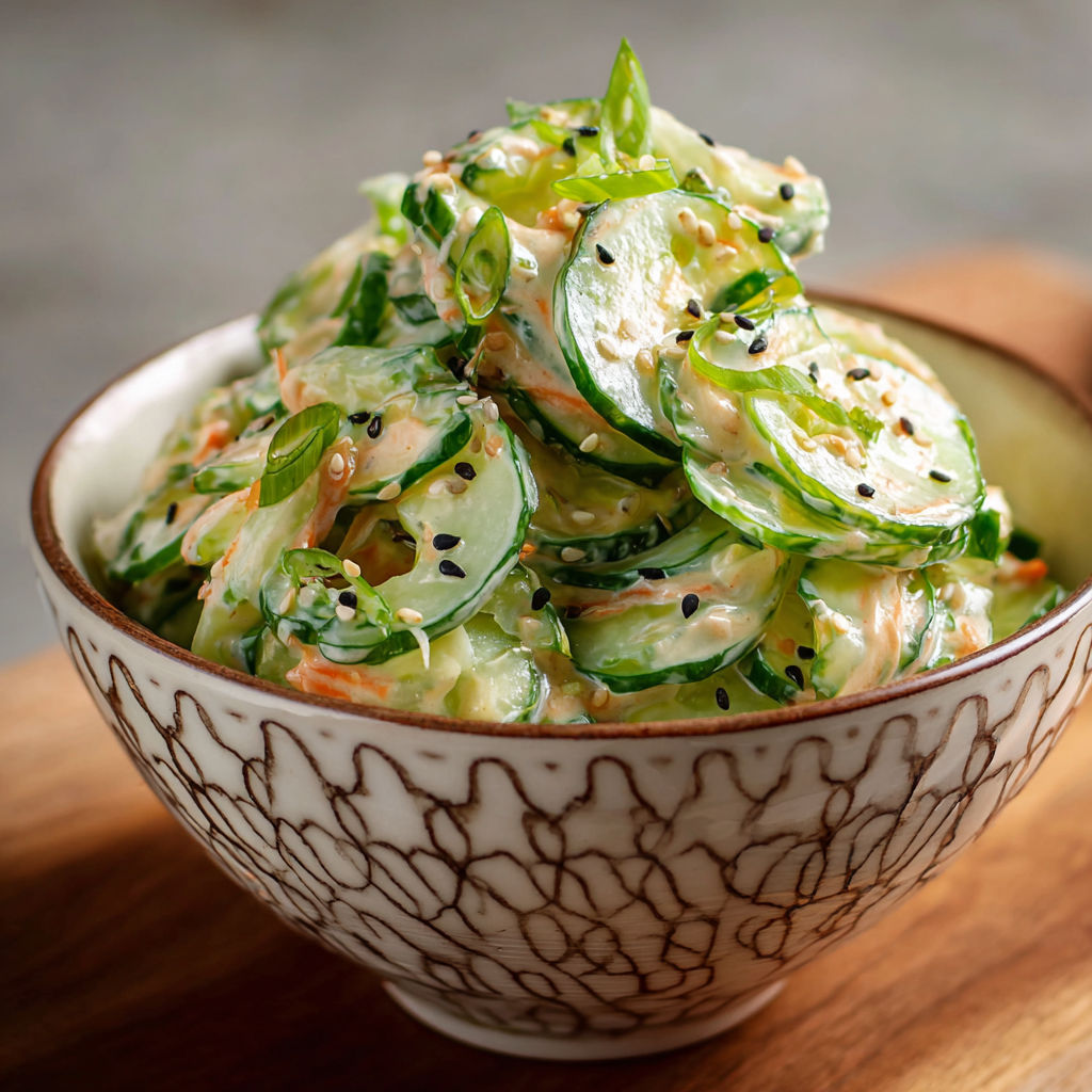 A bowl of food with a cucumber salad.