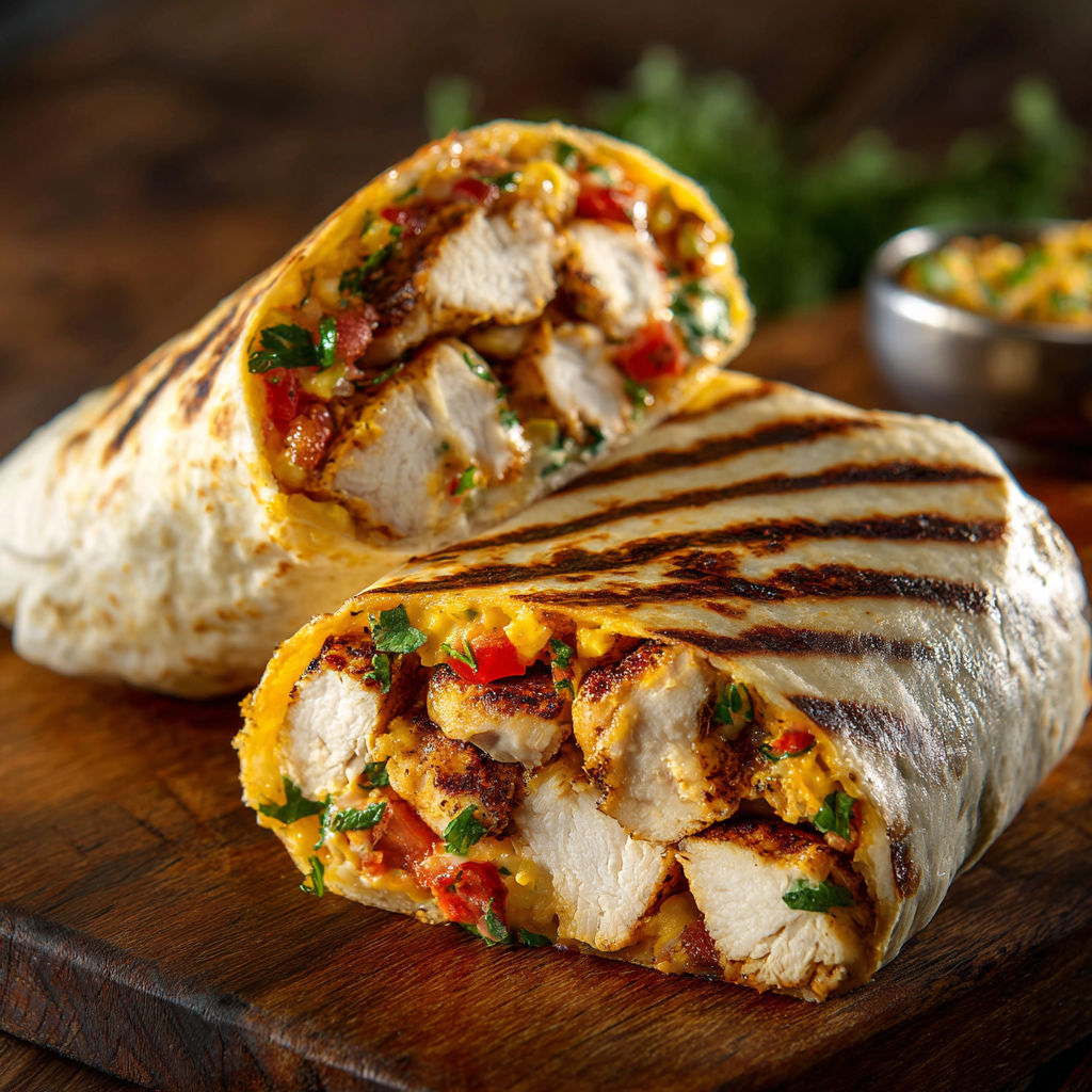 A burrito with chicken and vegetables.