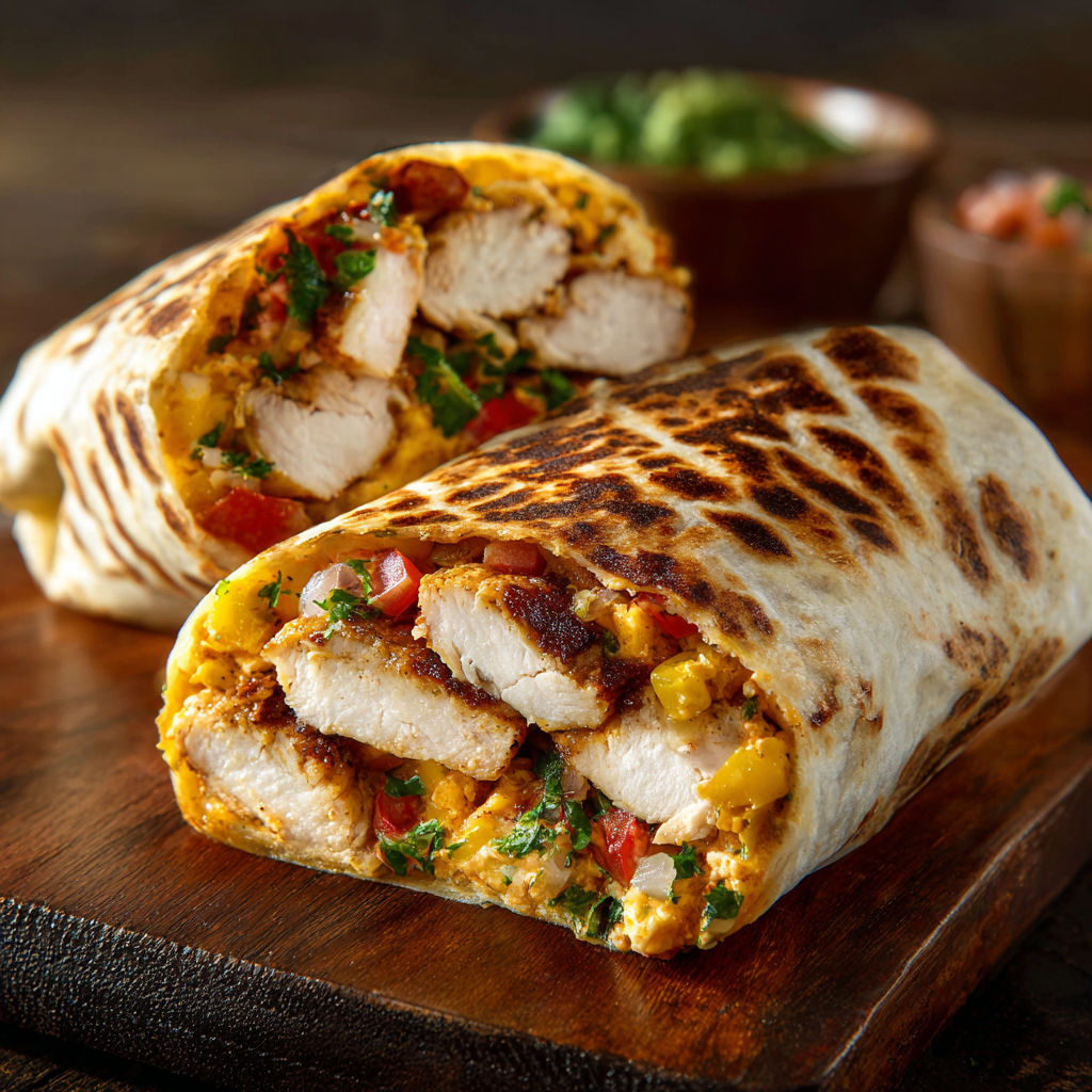 A chicken burrito with lettuce and tomatoes.