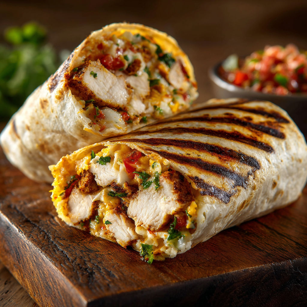 A chicken burrito with a side of salsa.
