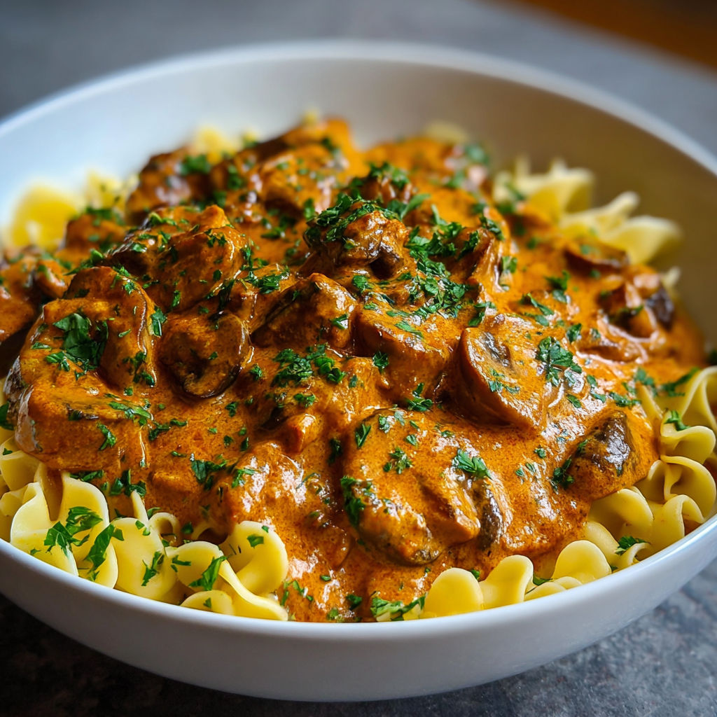 A bowl of pasta with mushrooms and meat.