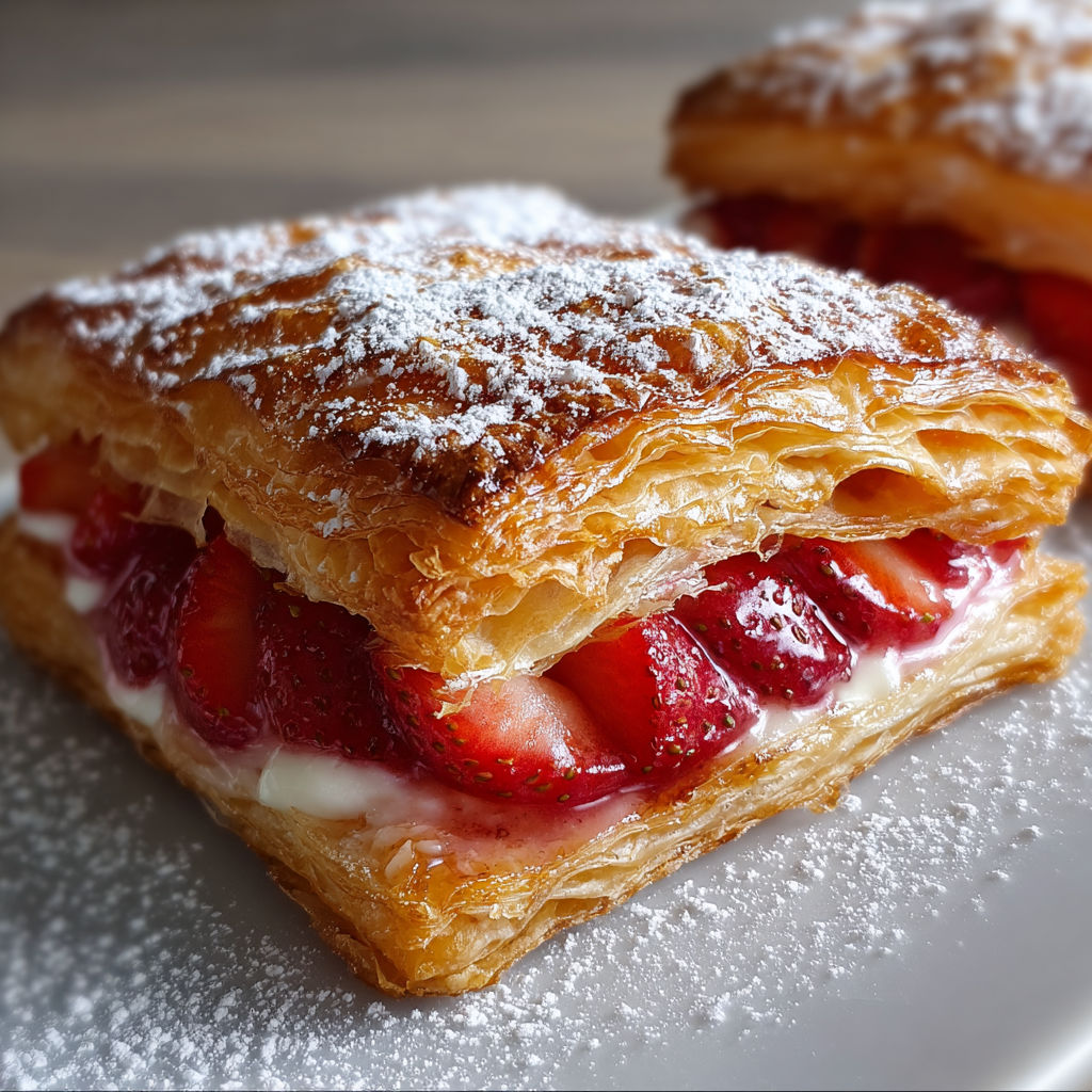 A flaky pastry with strawberries on top.