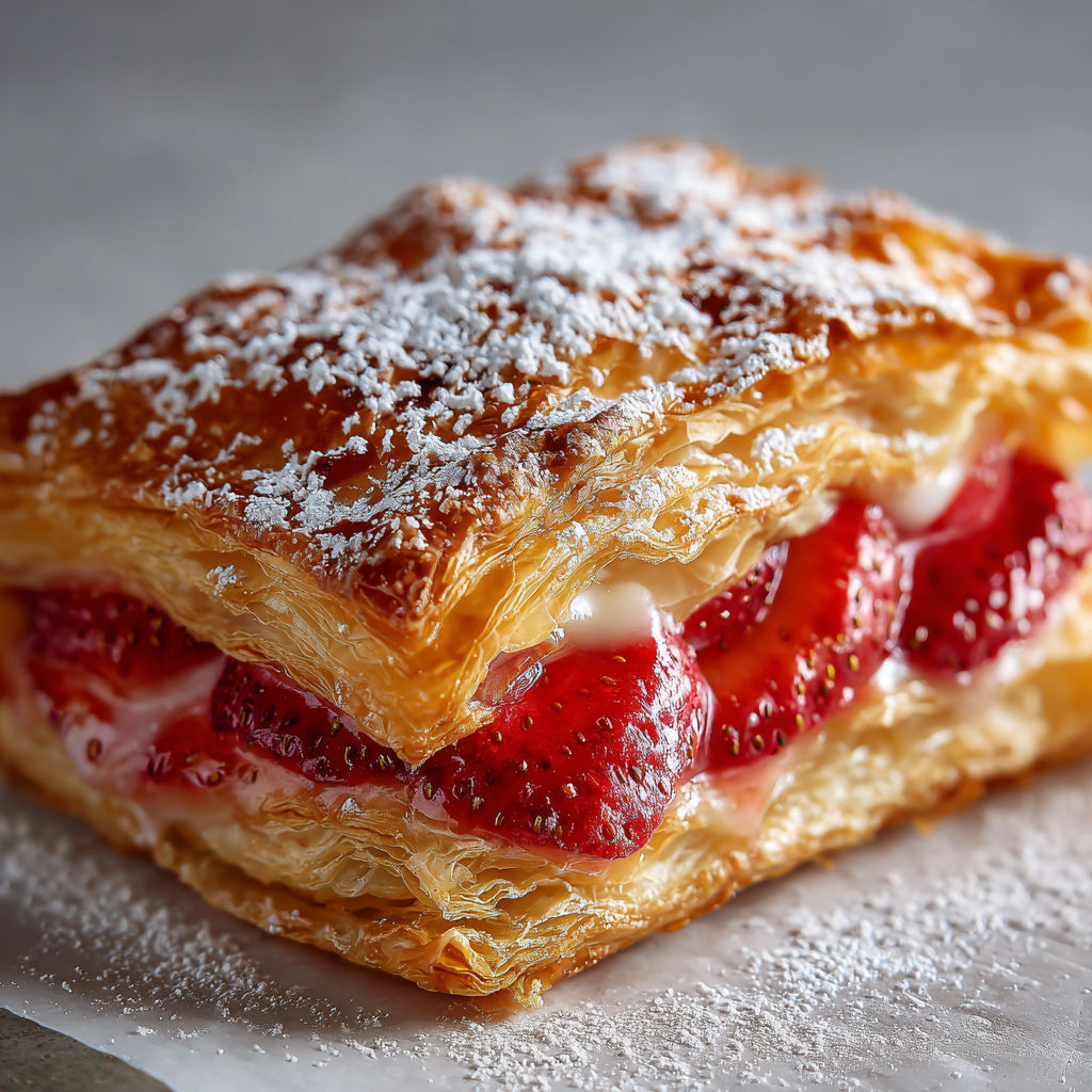 A pastry with strawberries and powdered sugar.