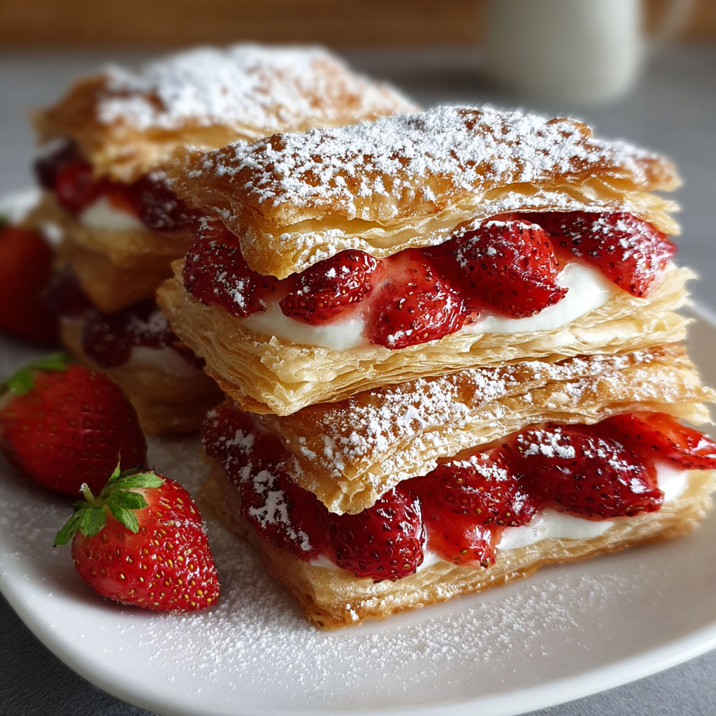 A stack of strawberry cream filled pastries.