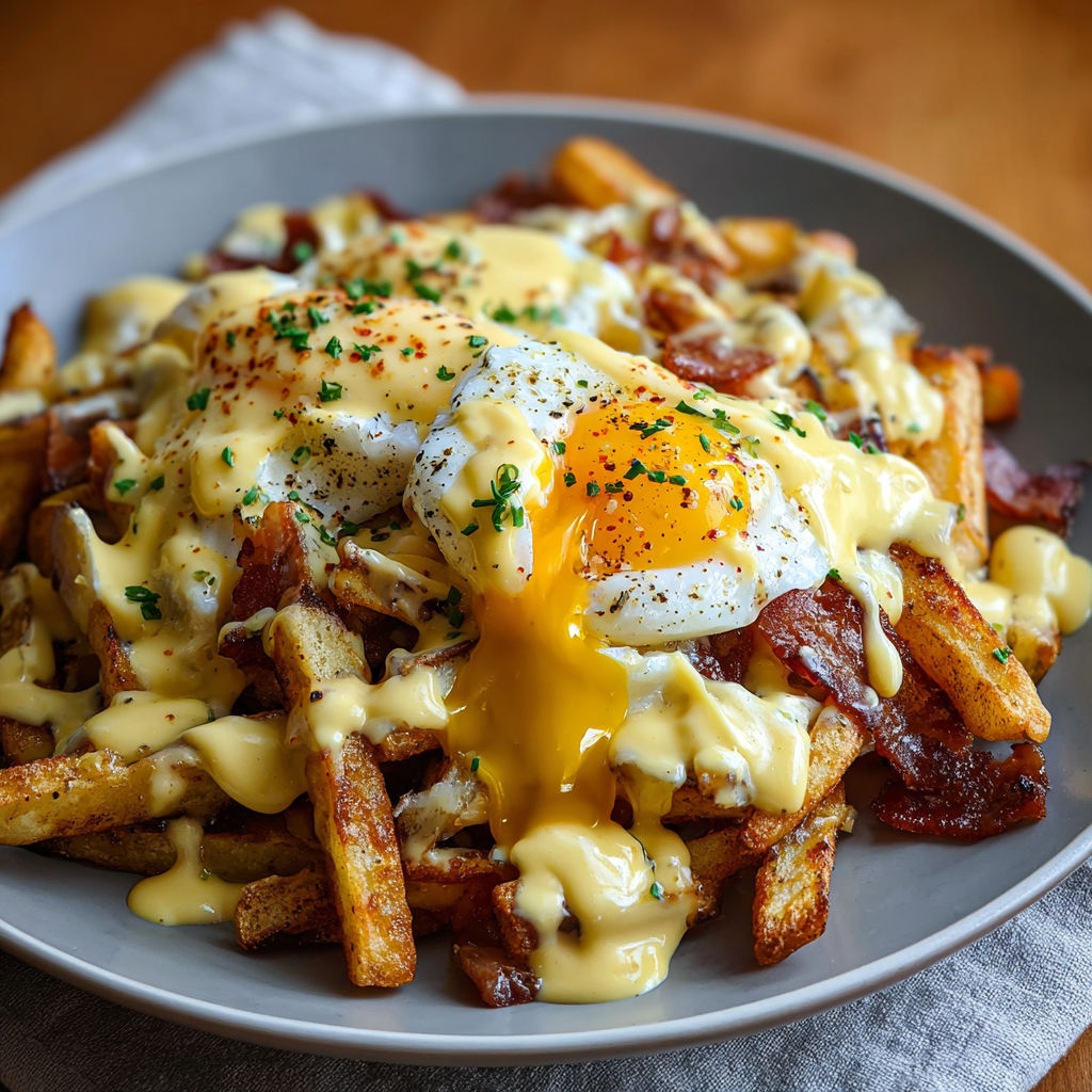 A delicious breakfast poutine with hollandaise sauce.