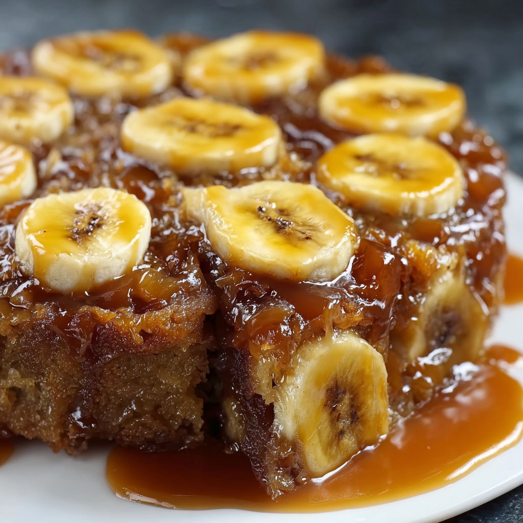 A slice of banana upside down cake.