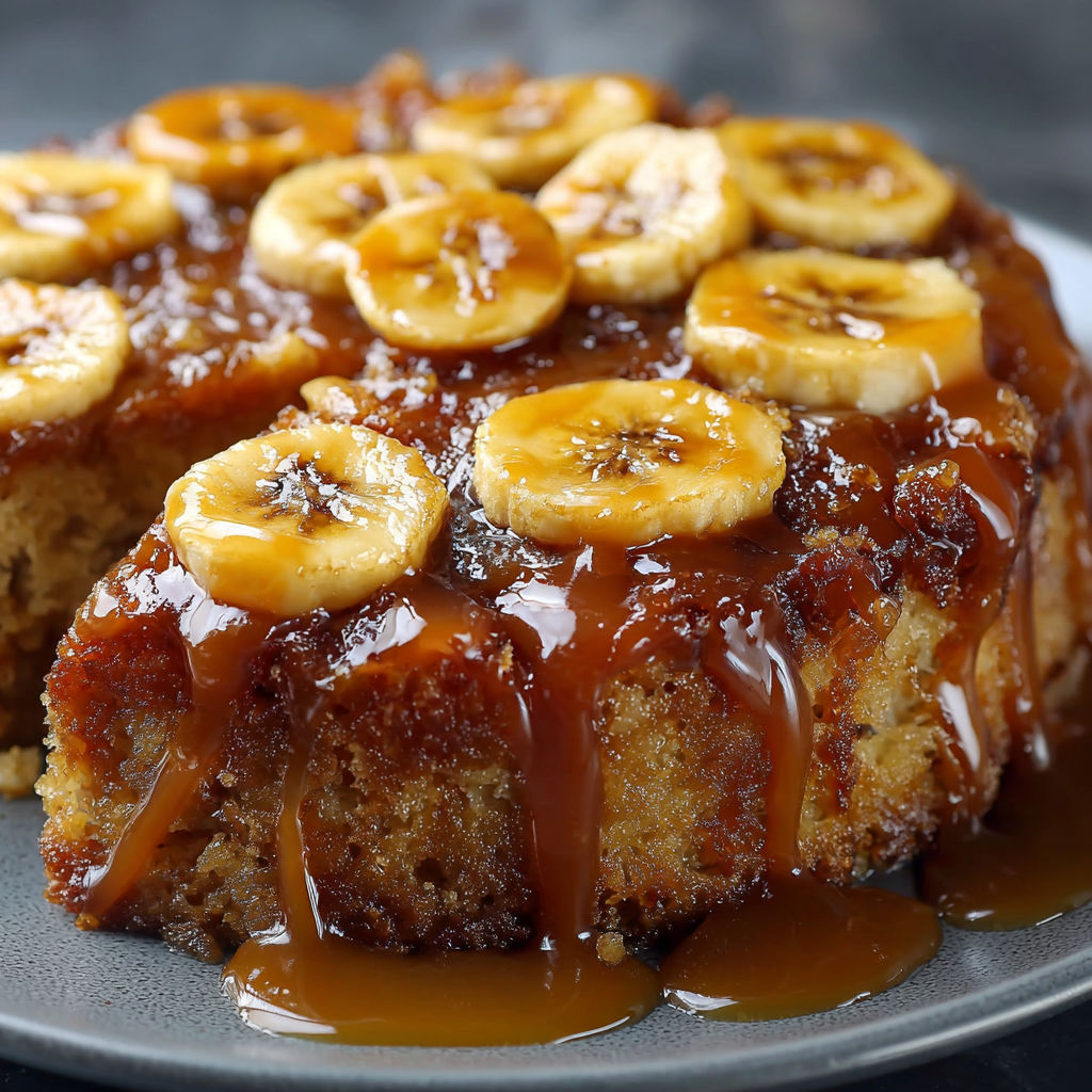 A slice of banana cake with caramel sauce.