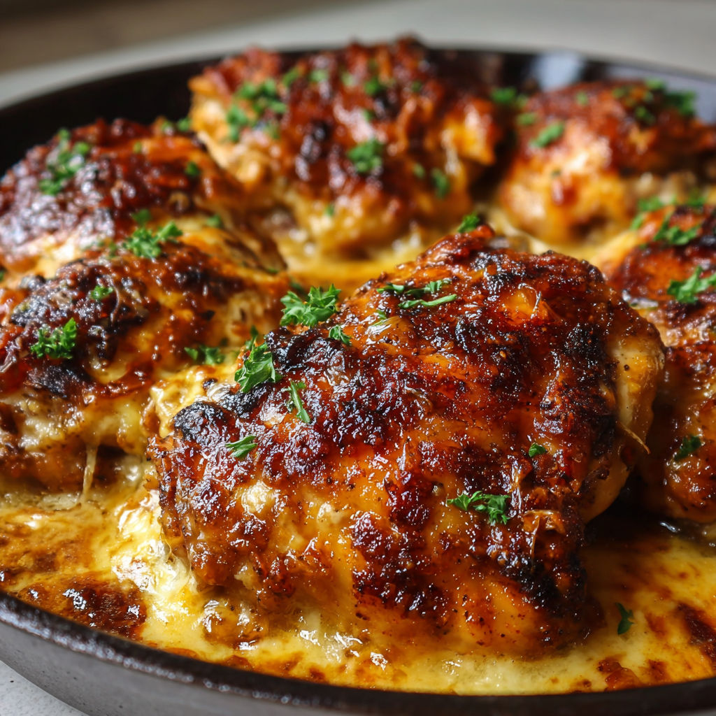 A plate of chicken with cheese and herbs.
