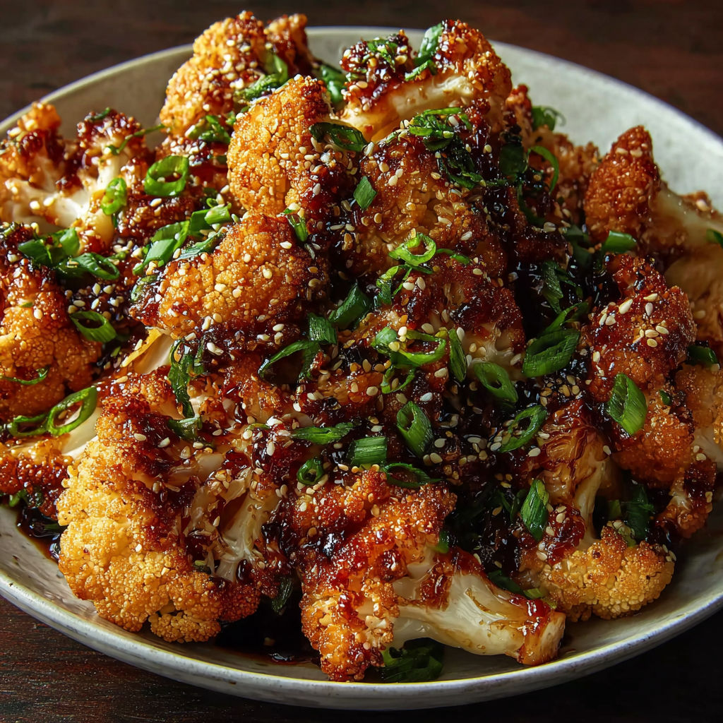 A plate of cauliflower with a sticky honey garlic sauce.