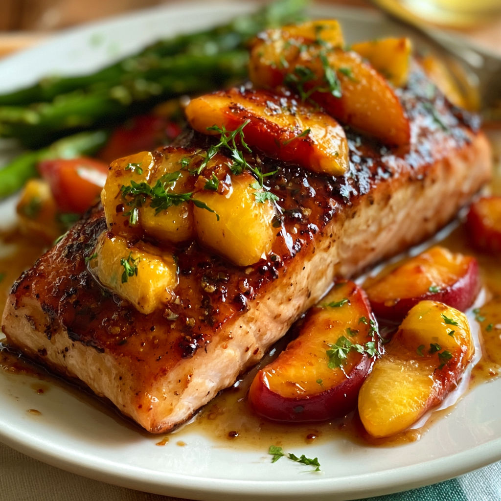 A plate of roasted salmon with peaches and herbs.