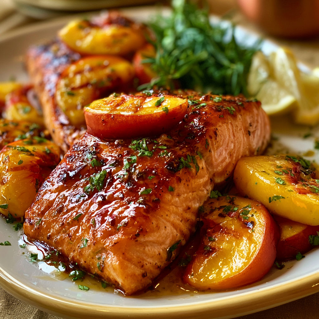 A plate of cooked salmon with peaches and herbs.