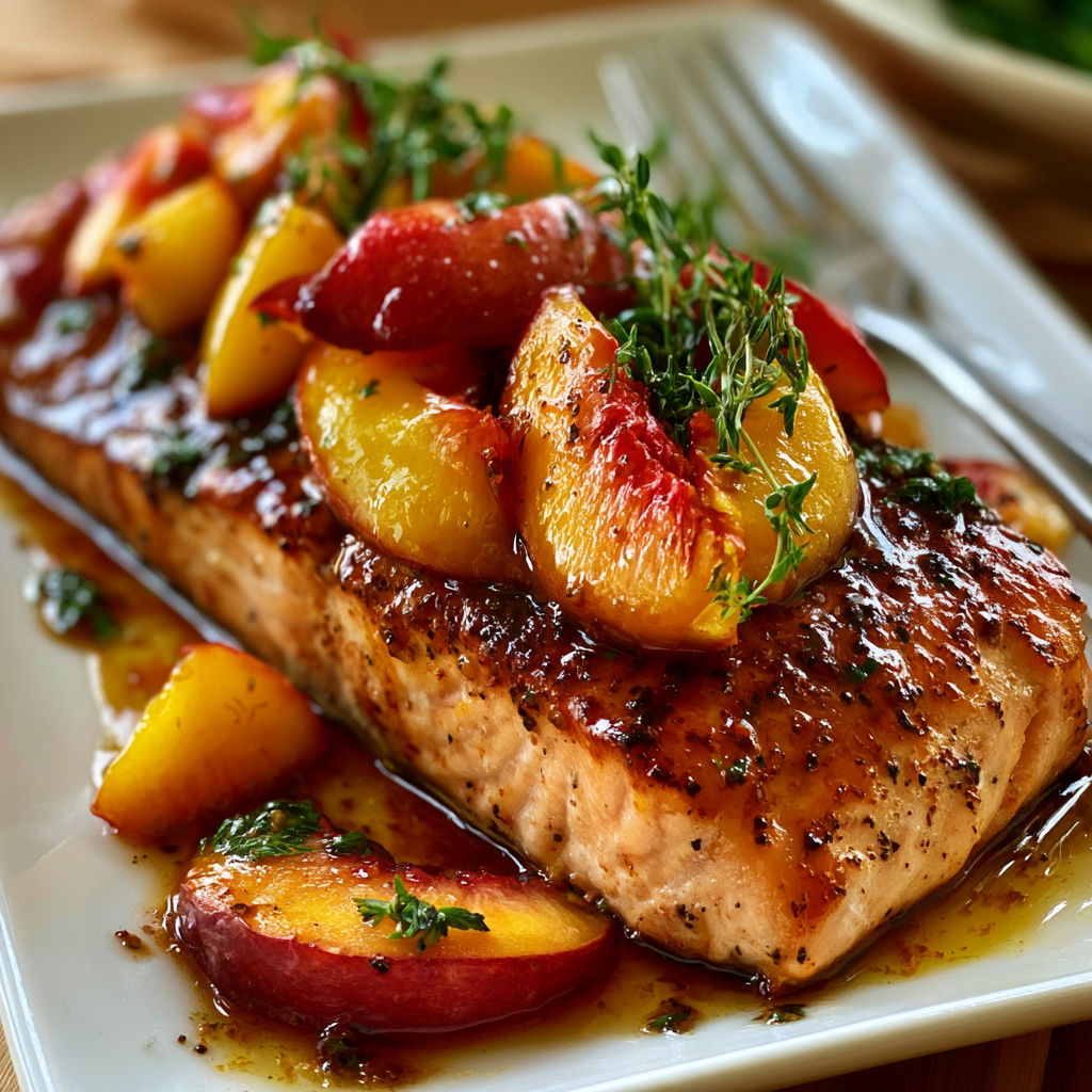A plate of cooked salmon with peaches and herbs.