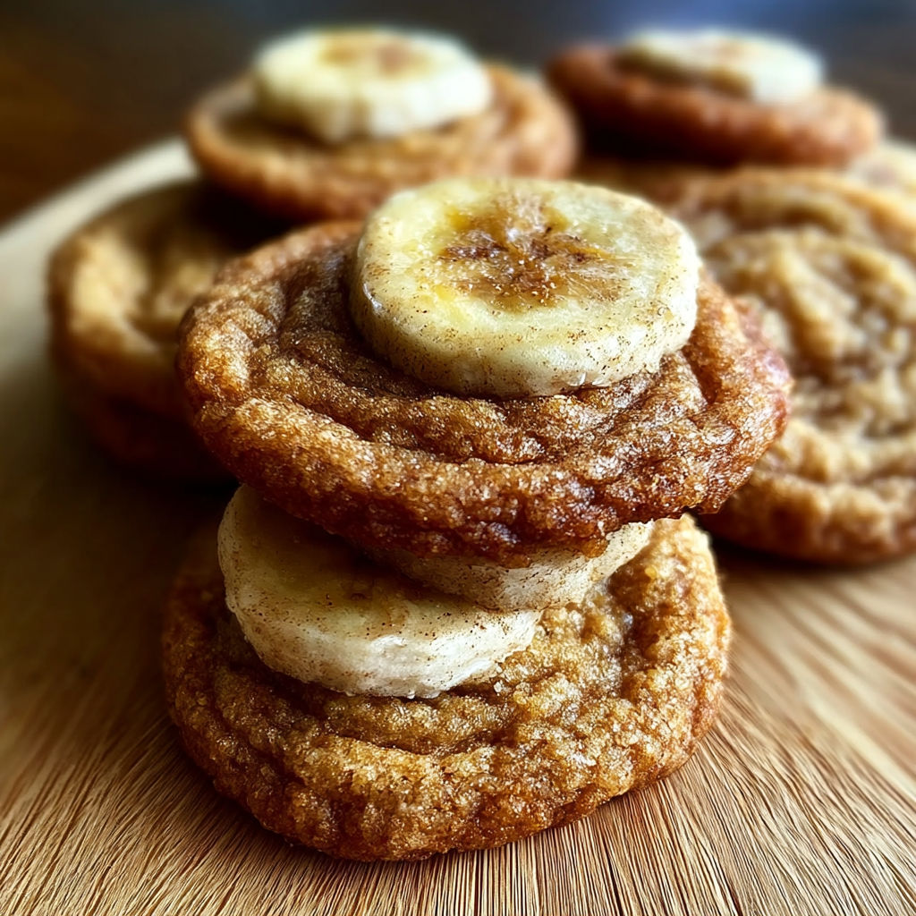 A stack of cookies with bananas on top.