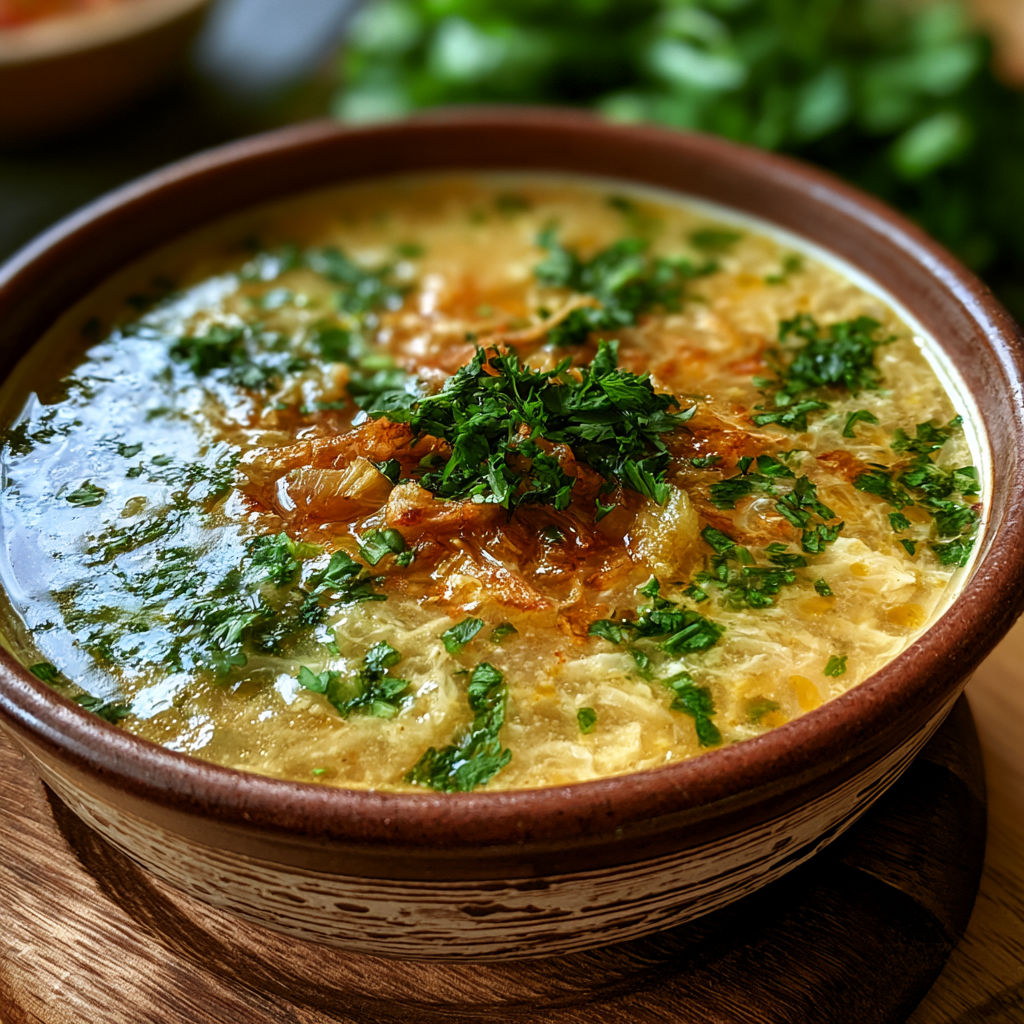 A bowl of soup with a green herb on top.
