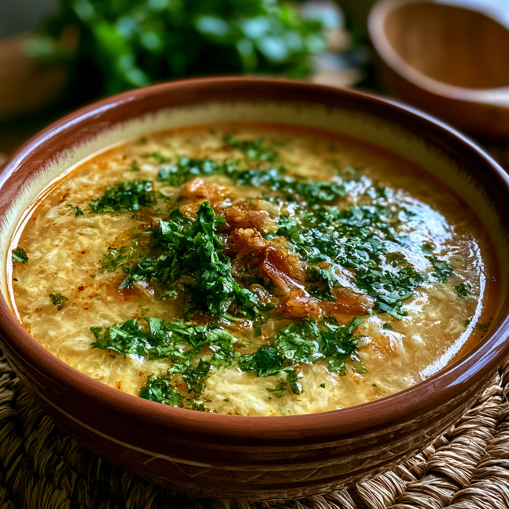 A bowl of soup with vegetables and meat.