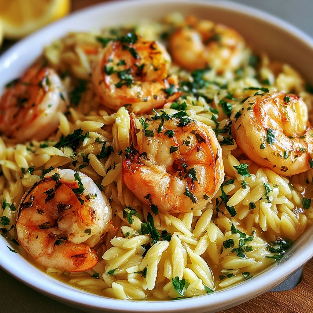 A bowl of shrimp and rice with a lemon garlic sauce.
