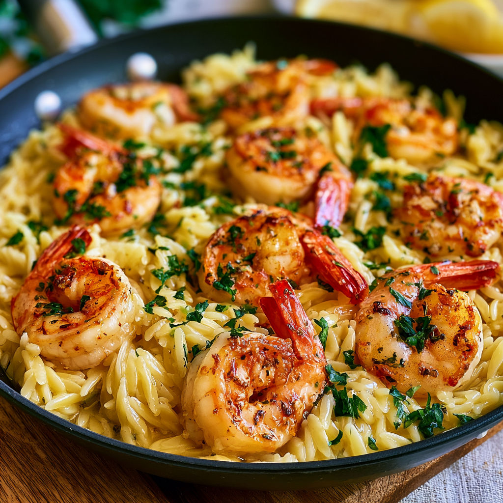 A pan of shrimp and pasta.