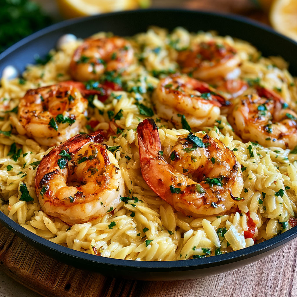 A pan of shrimp and rice with a lemon wedge on the side.