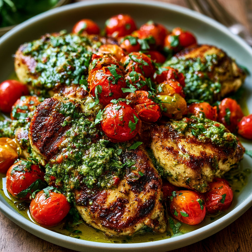 A plate of chicken with pesto and cherry tomatoes.