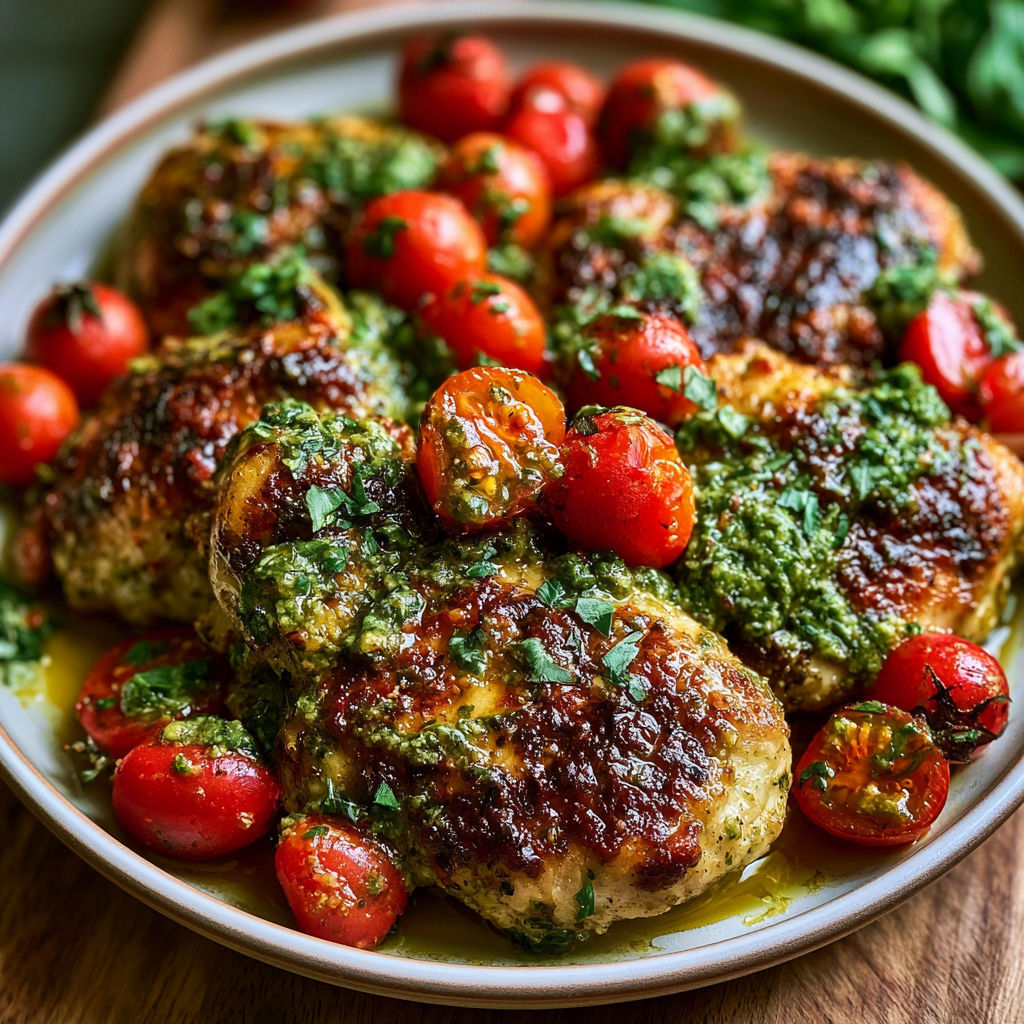 A plate of chicken with pesto and tomatoes.