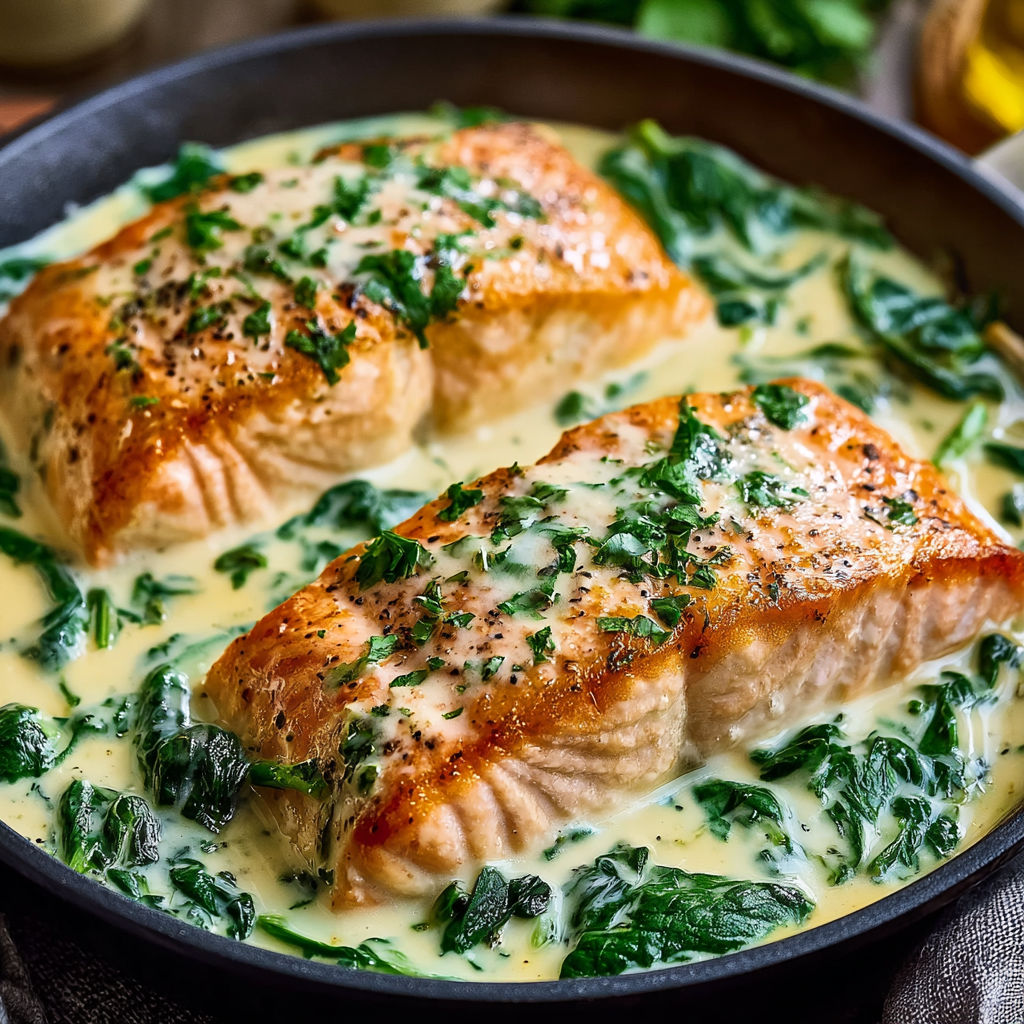A delicious creamy spinach salmon ready in 26 minutes.