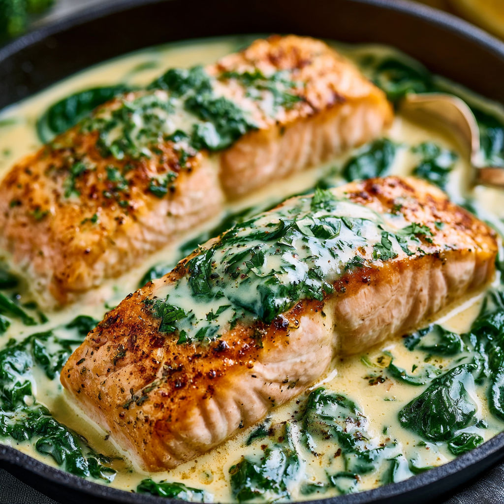 A pan of salmon with spinach and cream.