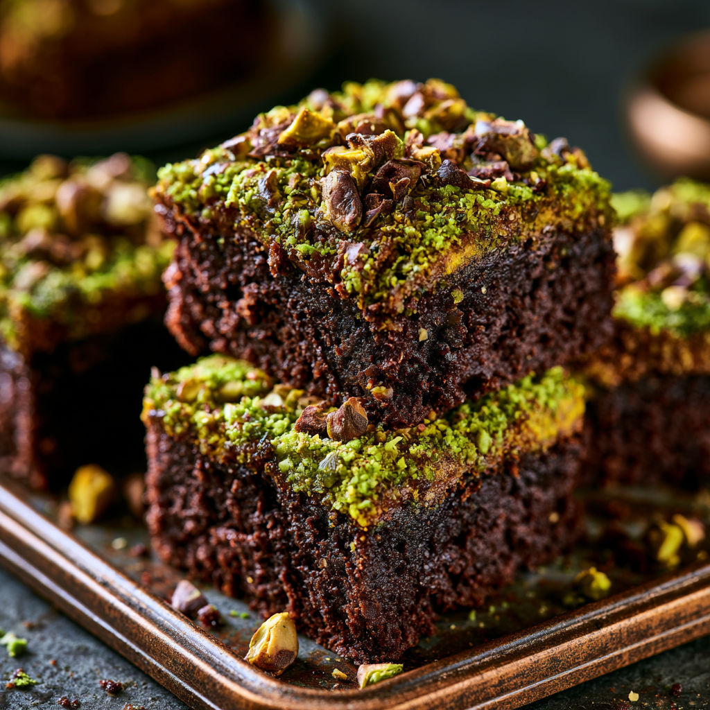 A close up of a chocolate cake with chocolate chips and green sprinkles.