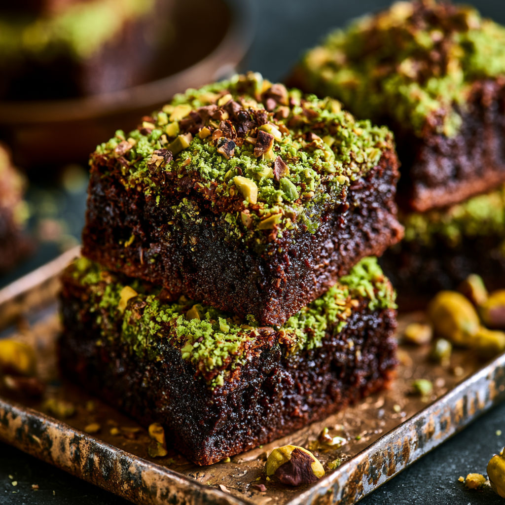A close up of a chocolate dessert with green toppings.