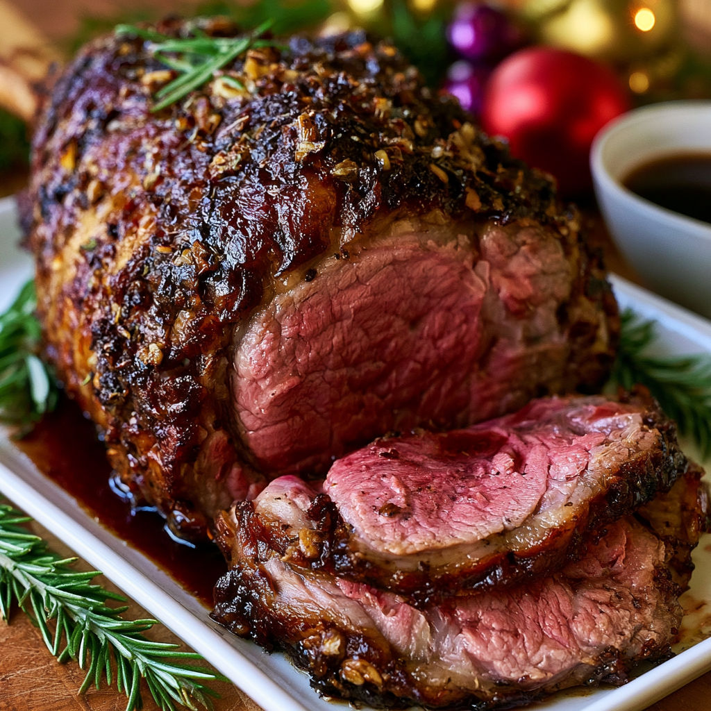 A roasted leg of lamb with garlic, rosemary and red wine.