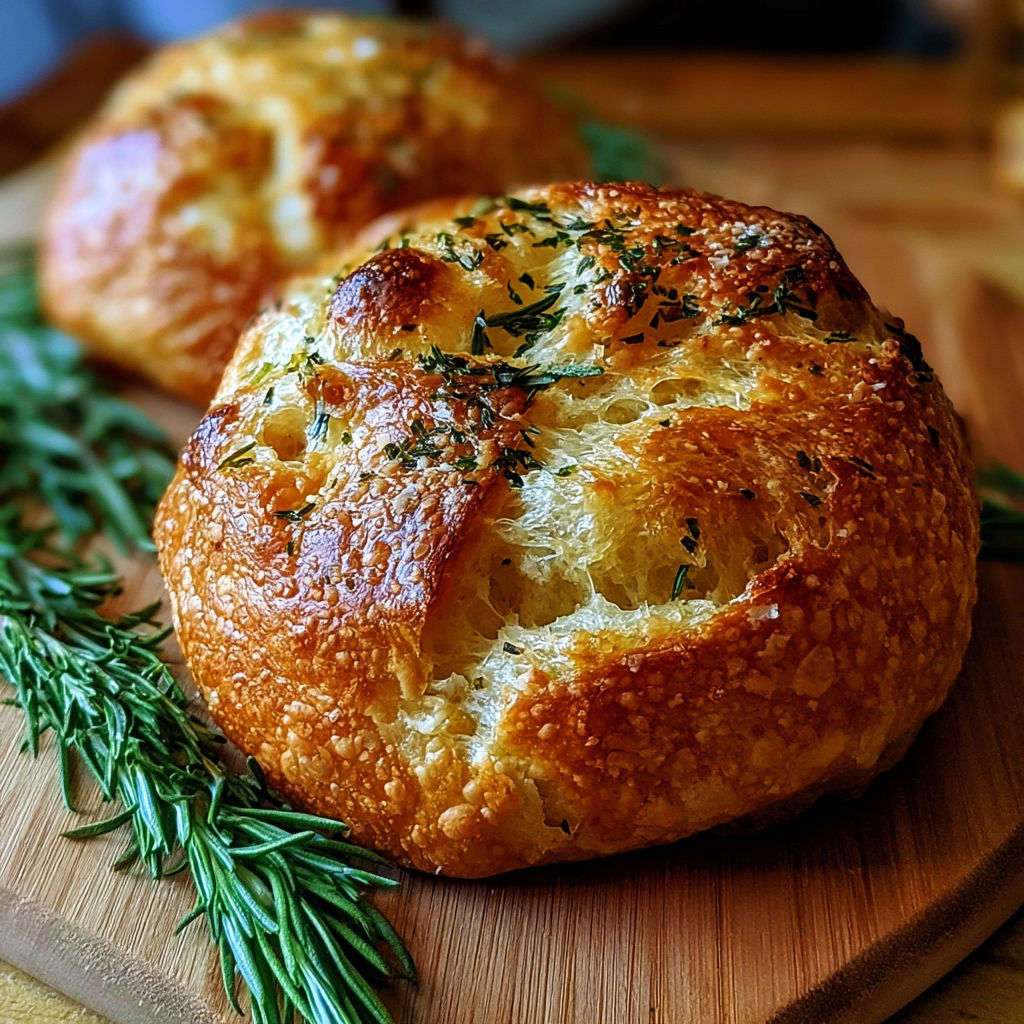 Two pieces of garlic rosemary bread on a wooden cutting board.