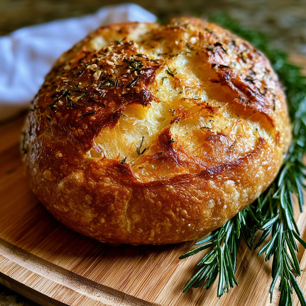 A loaf of bread with herbs on top.