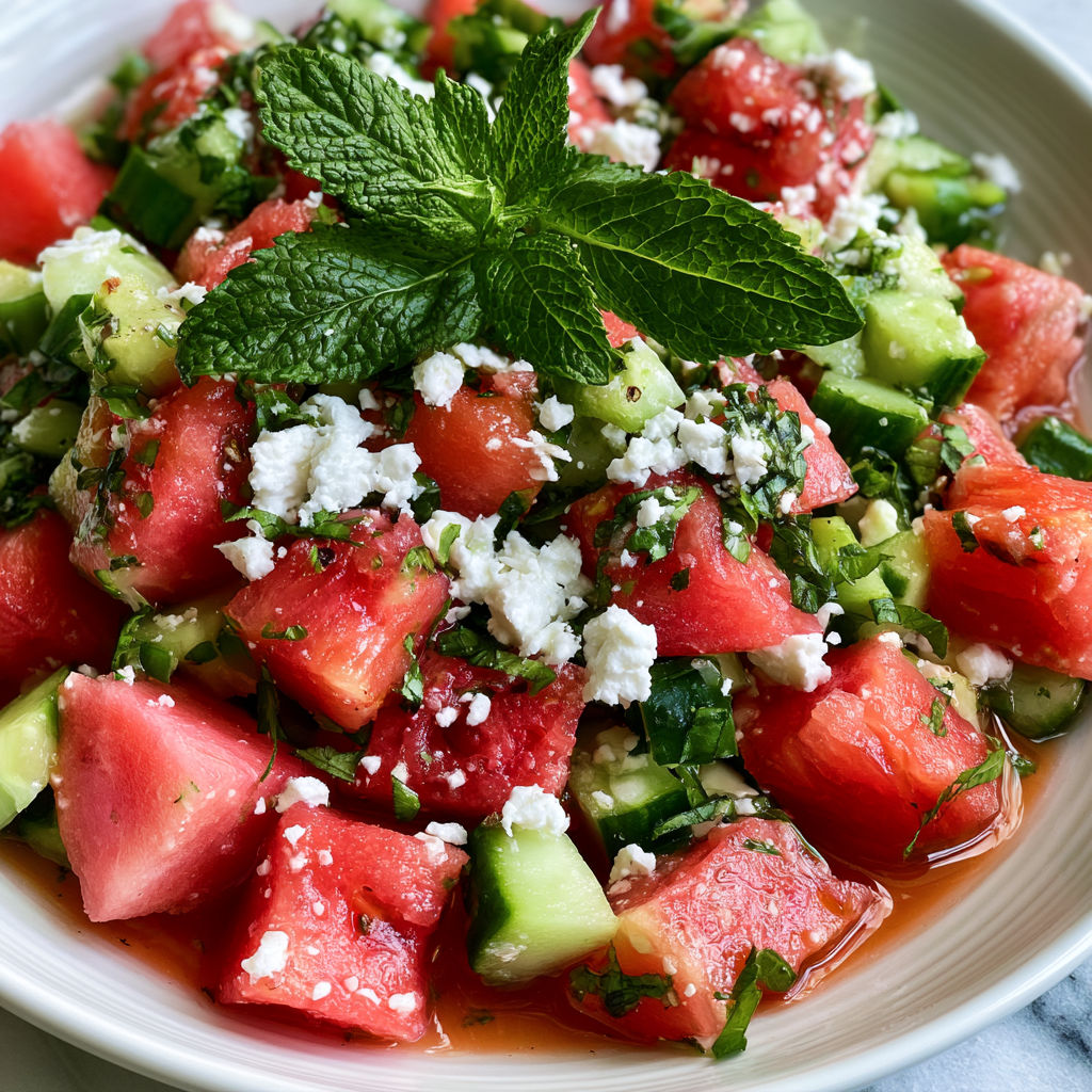 A bowl of fruit salad with watermelon, cucumber, and feta cheese.