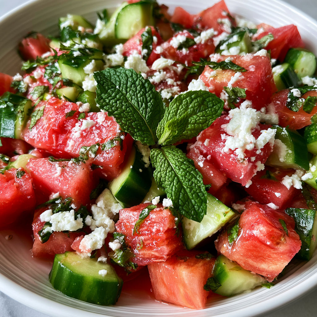A bowl of fresh fruit salad with cucumbers, tomatoes, and mint.