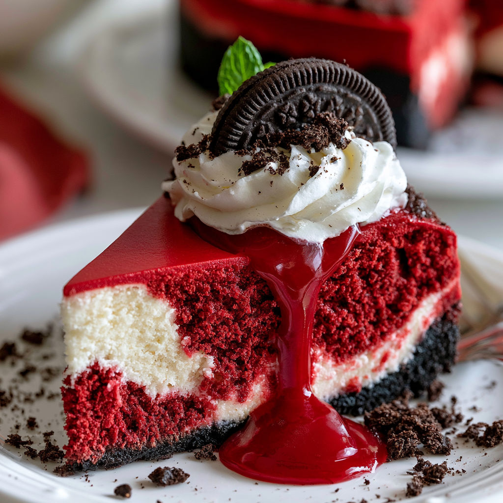 A slice of red velvet cheesecake with a drizzle of chocolate sauce.