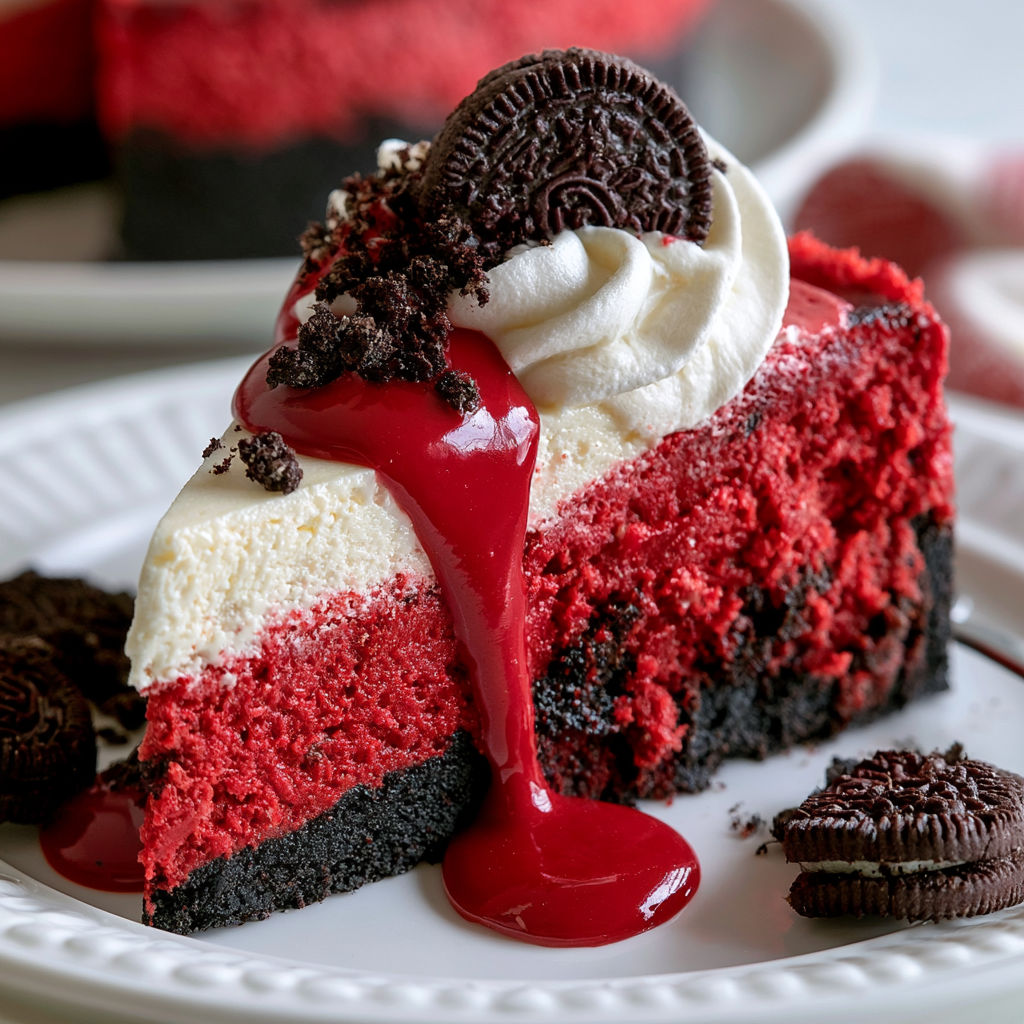 A slice of red velvet Oreo cheesecake with a drizzle of chocolate sauce.
