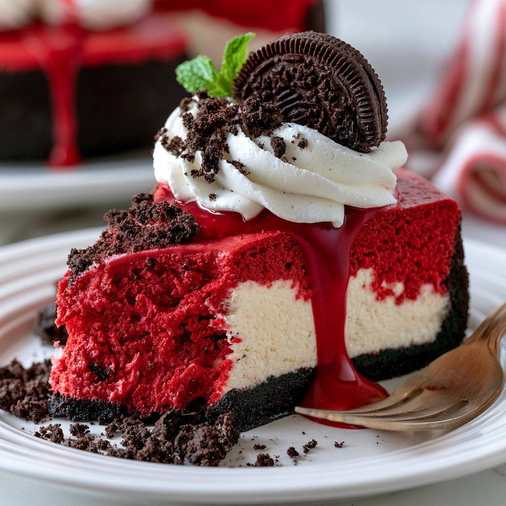 A slice of red velvet cheesecake with oreo cookies on top.