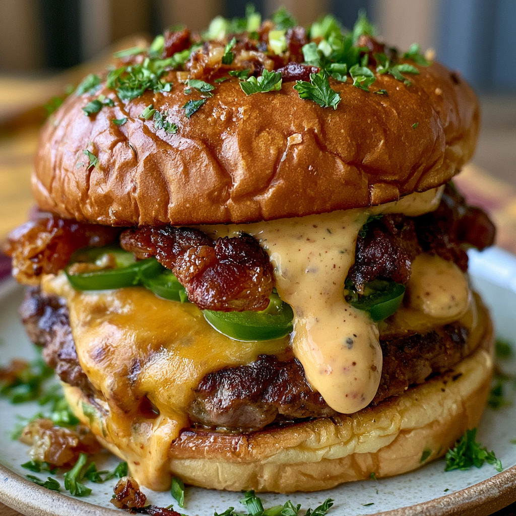 A close up of a burger with bacon and jalapenos.