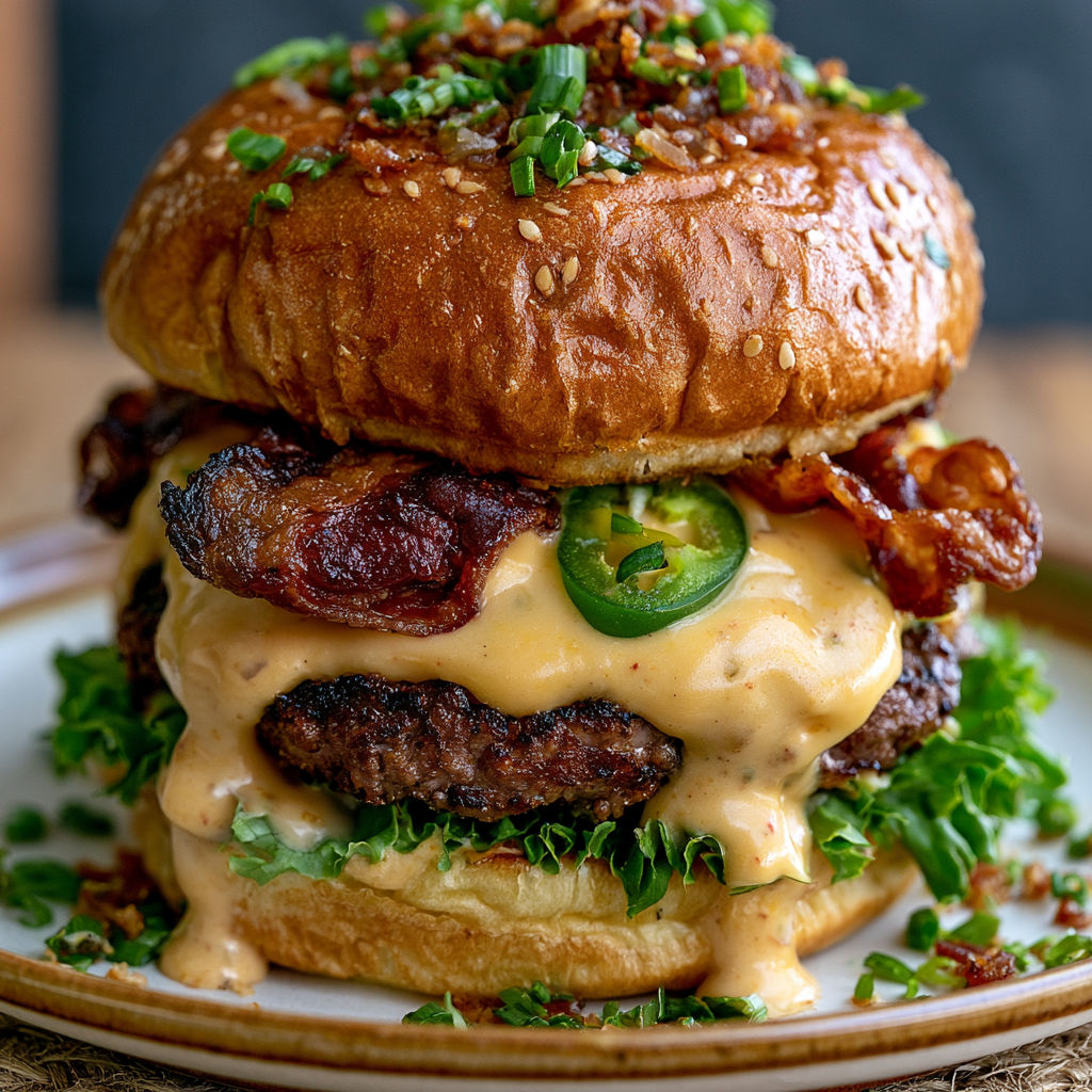 A large hamburger with bacon, cheese, and jalapenos.