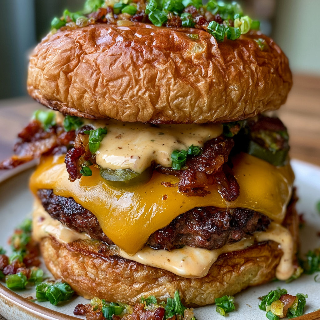 A large hamburger with bacon and cheese.