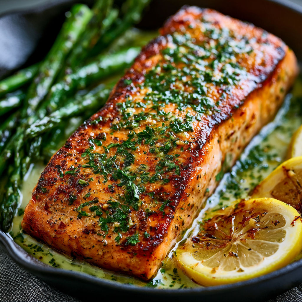 A pan of salmon with lemon wedges on the side.