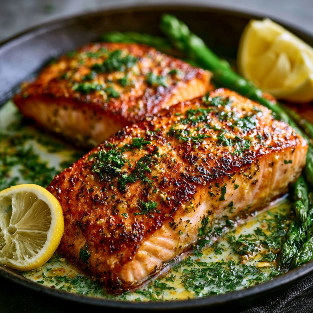 A pan of fish with green vegetables.