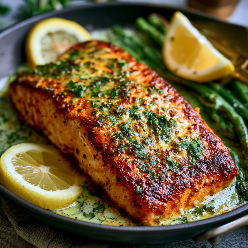 A cooked salmon with lemon wedges on top.