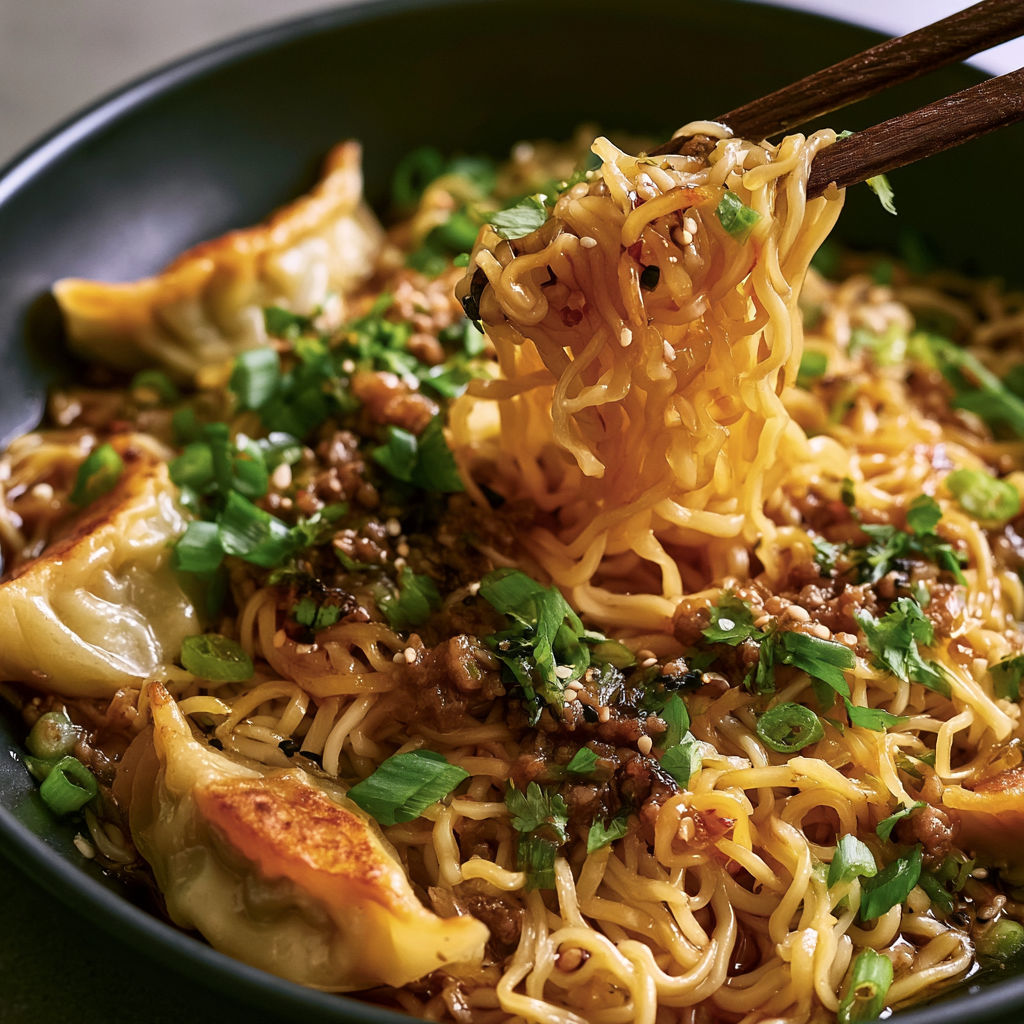 A bowl of noodles with vegetables and meat.