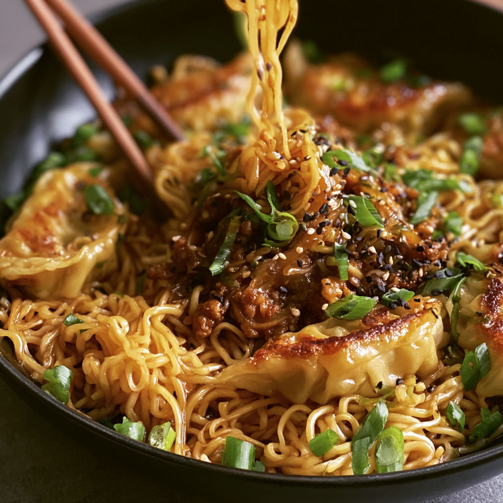 A bowl of noodles with vegetables and meat.