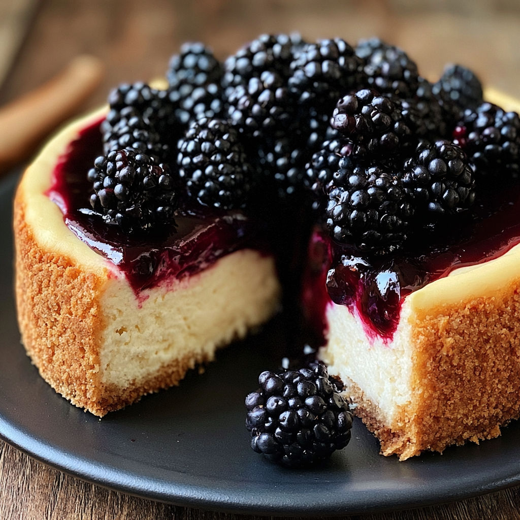 A slice of blackberry cheesecake on a plate.