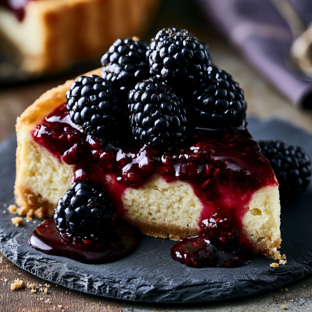 A slice of cake with blackberries on top.